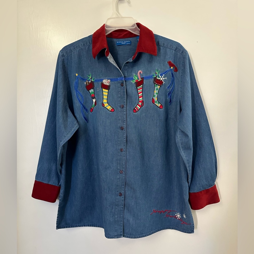 Karen Scott Women’s Happy Holidays Long Sleeve Button Up Shirt Size 1X